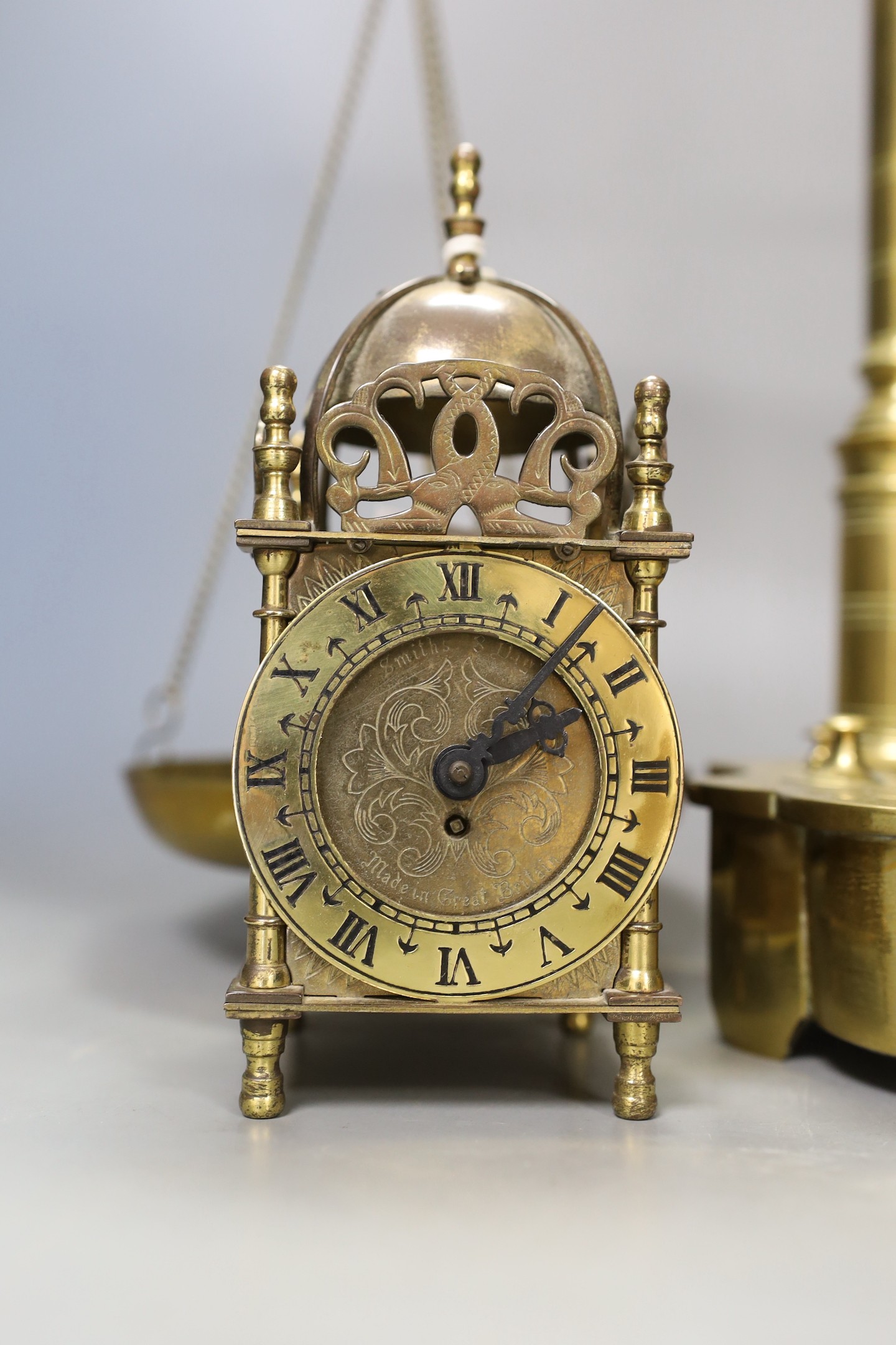 A pair of Victorian beam scales, 55cm tall, and a Smith & Day timepiece
